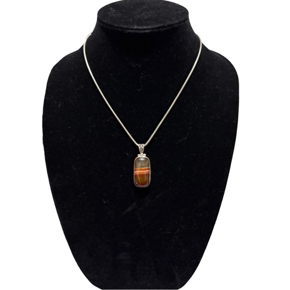 Sterling Silver and Botswana Agate Pendant Necklace, 18” chain